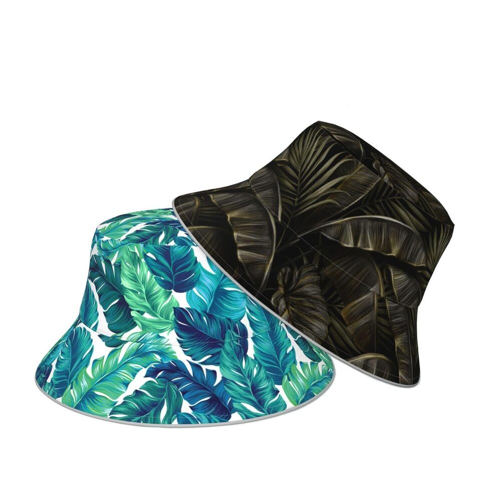 1044 Tropical Hawaii Palm Tree Leaf Black Green Bucket Hat Beach Summer Sun